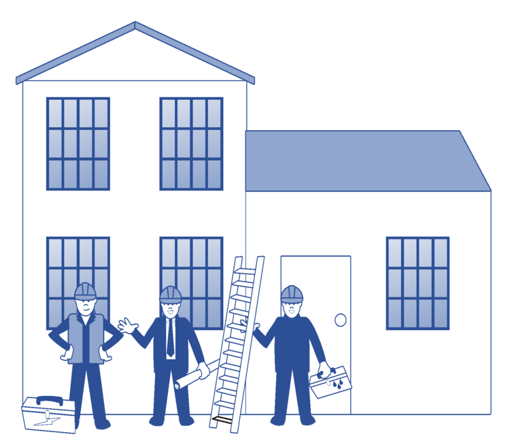 Workers outside a house