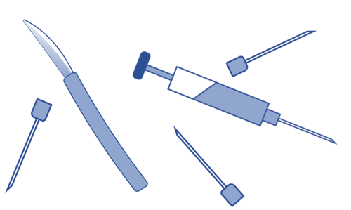 A selection of sharps: a scalpel, syringe, and needles