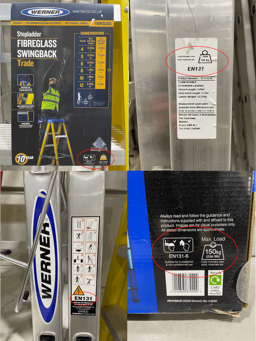 Examples of EN131 standard markings on a selection of ladders and stepladders