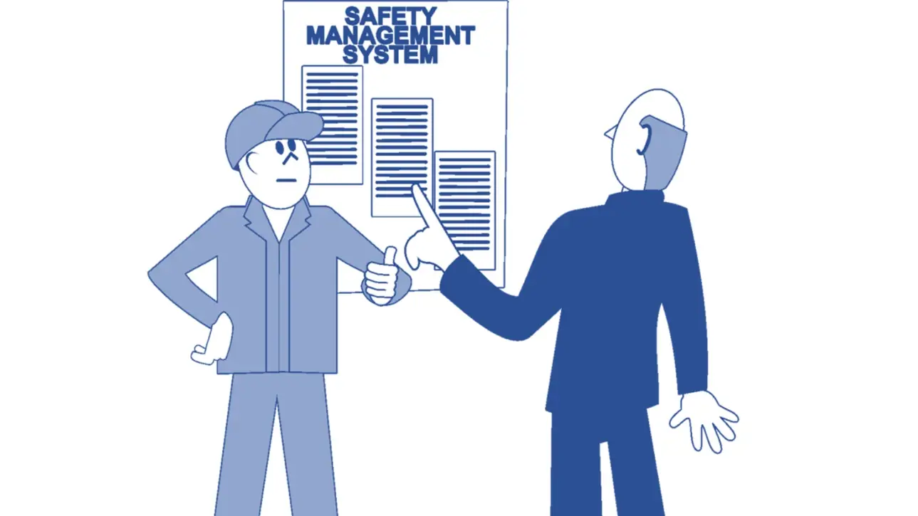 Health and Safety Management System poster on the wall with two workers stood in front of the poster Health and Safety Management System poster on the wall with two workers stood in front of the poster