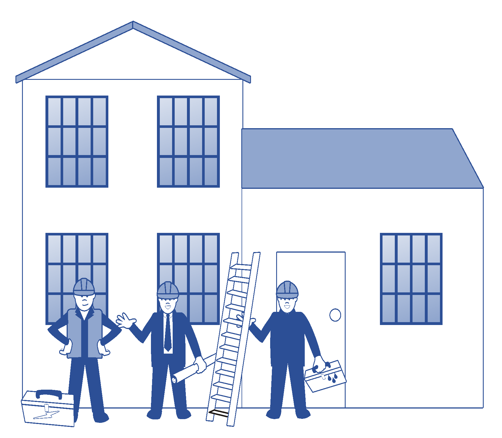 Tradespeople standing in front of a house, possibly containing asbestos Tradespeople standing in front of a house, possibly containing asbestos