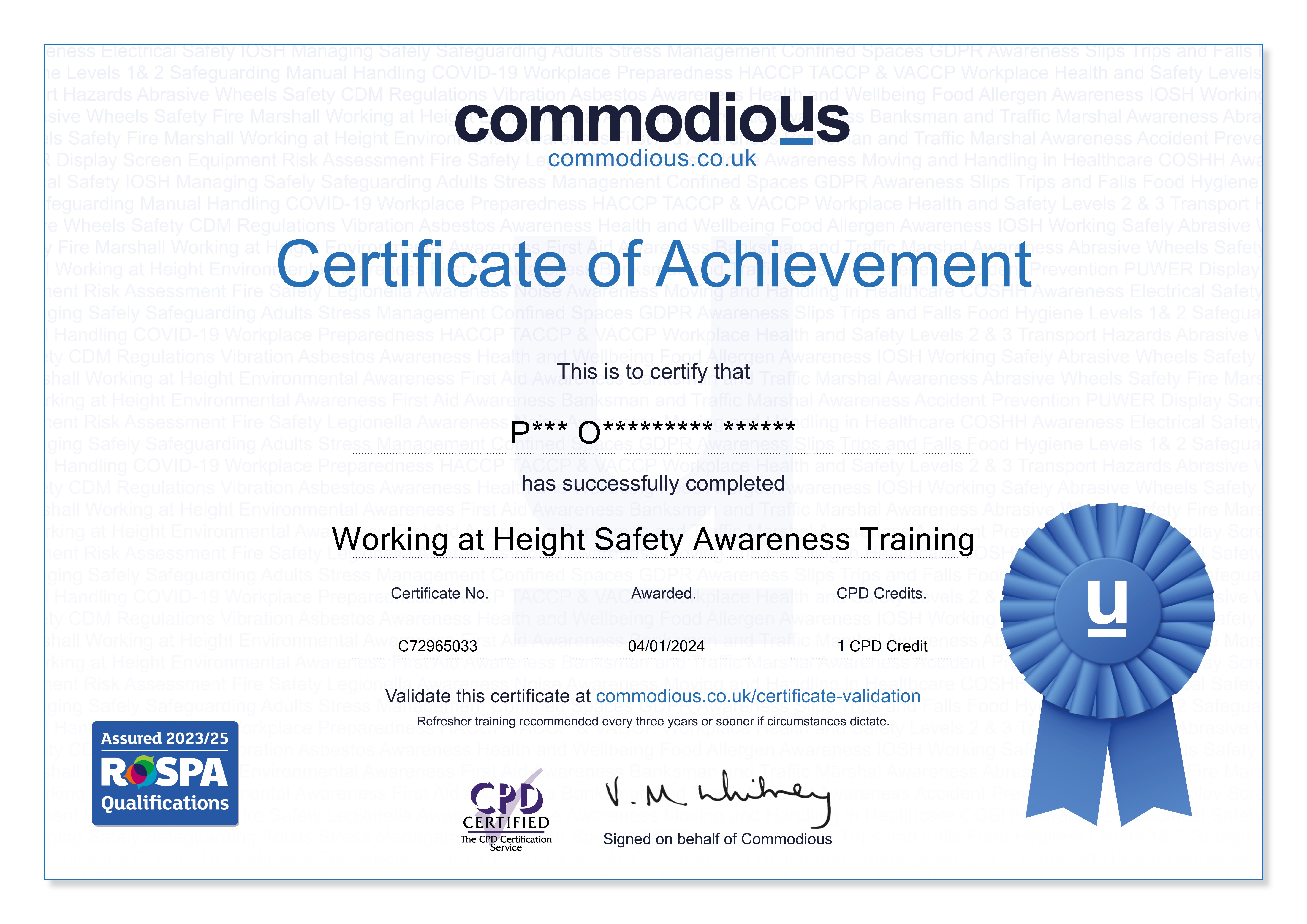 Commodious certificate C72965033