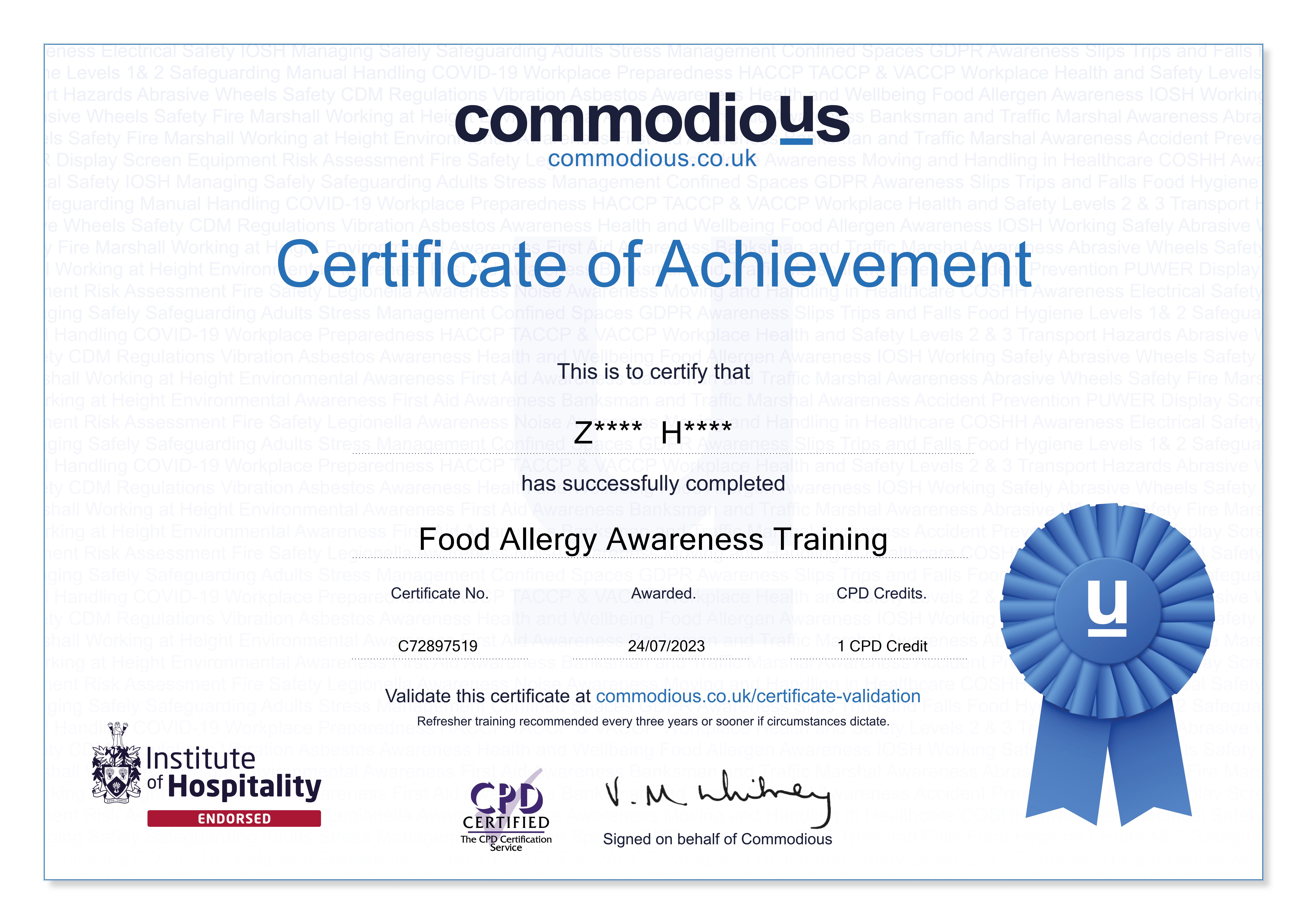 Commodious certificate C72897519