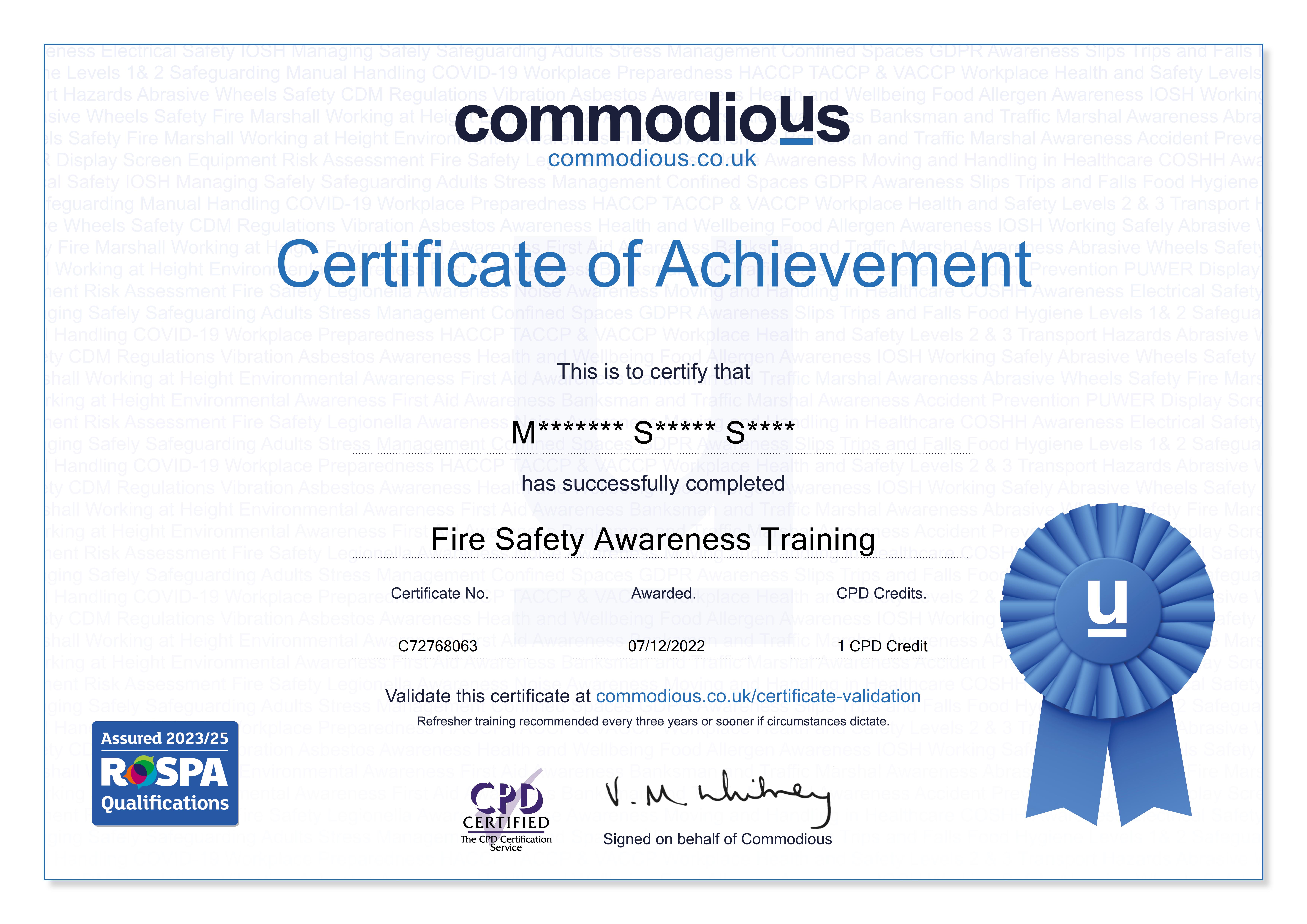 Commodious certificate C72768063