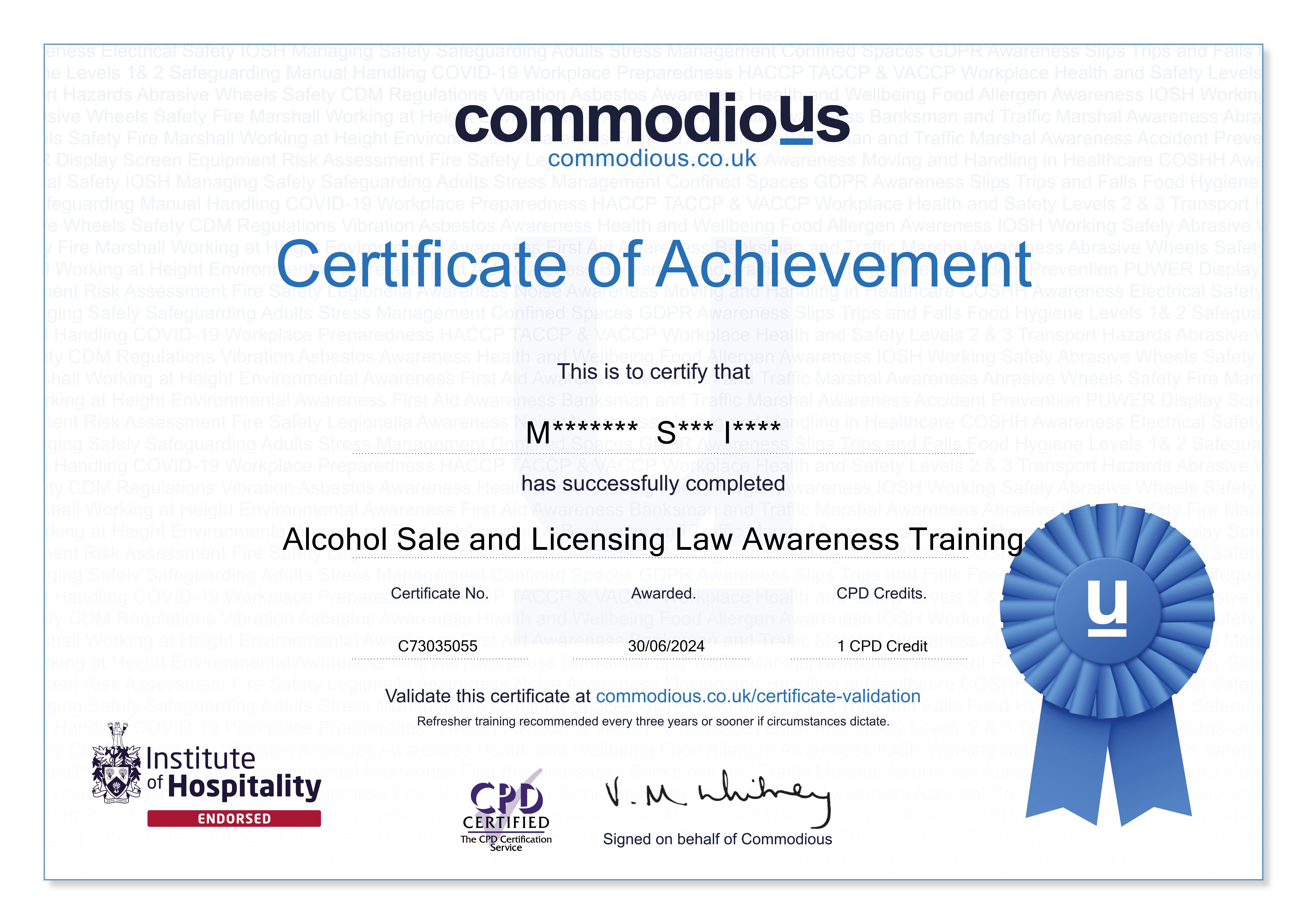 Commodious certificate C73035055
