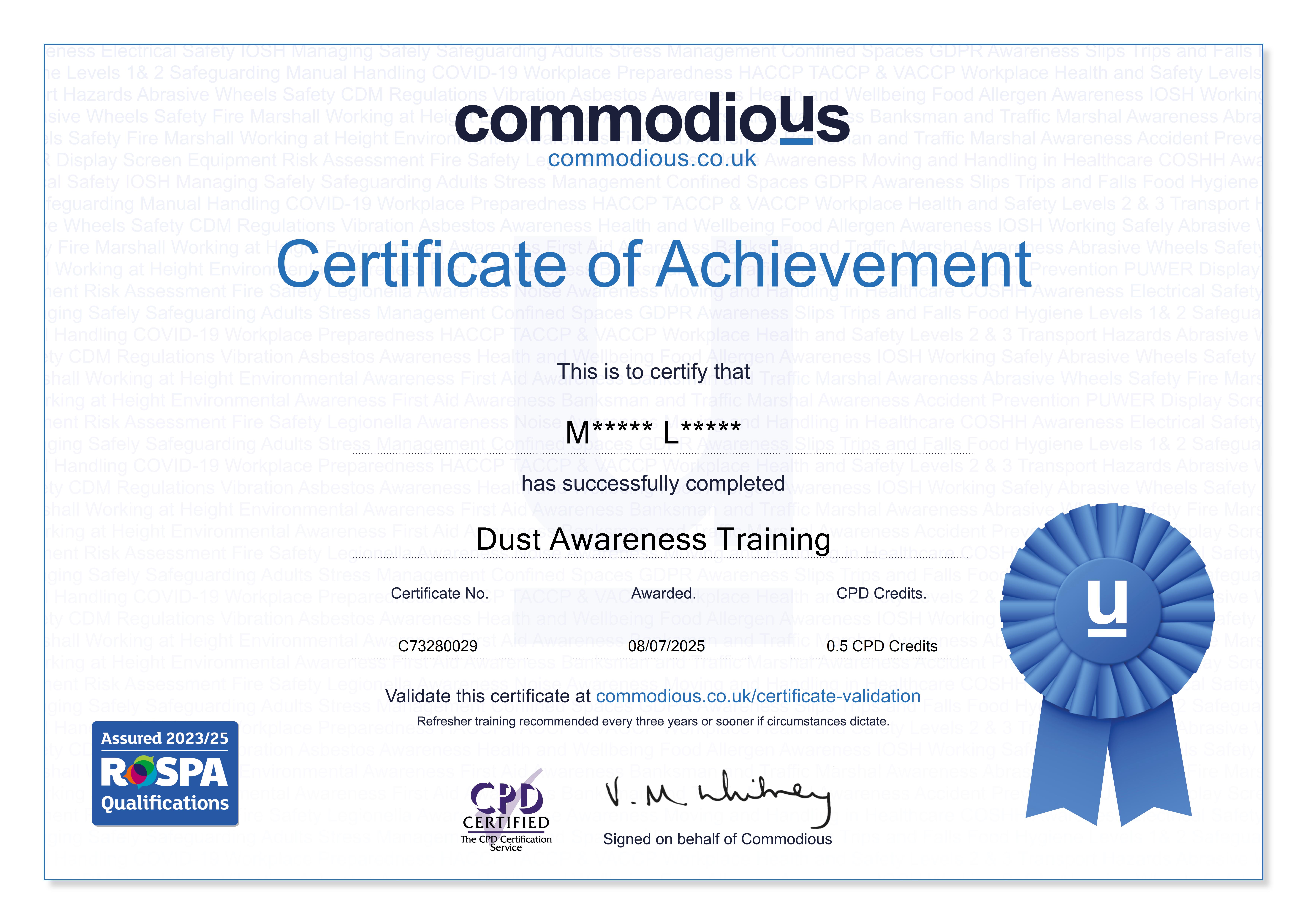 Commodious certificate C73280029