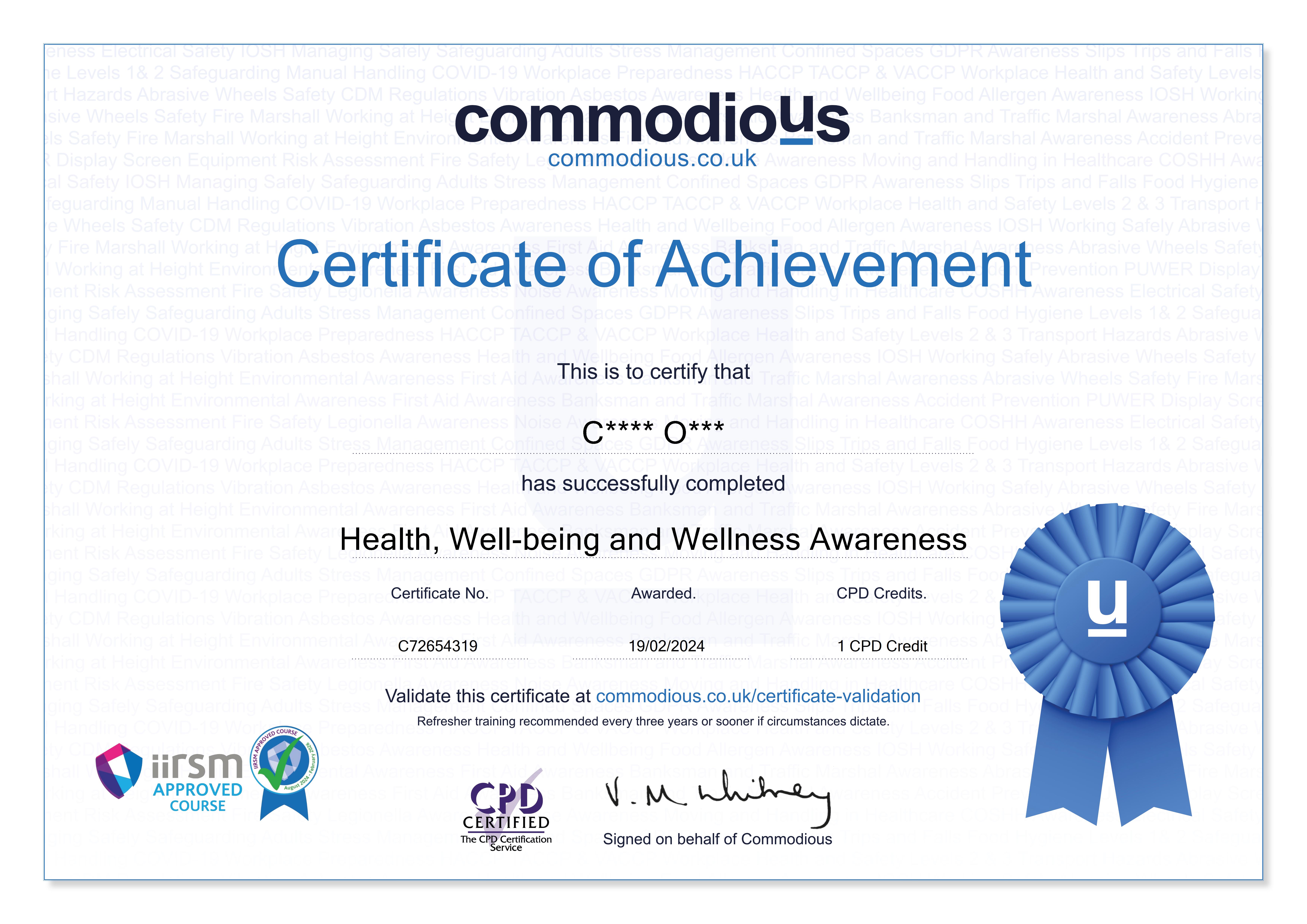 Commodious certificate C72654319