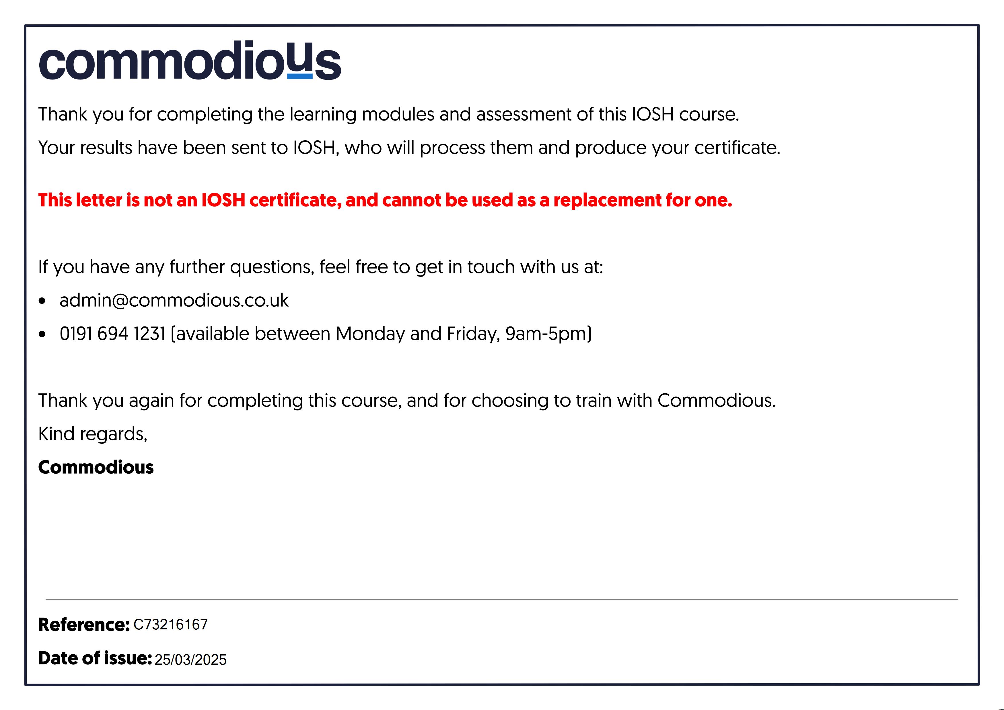 Commodious certificate C73216167
