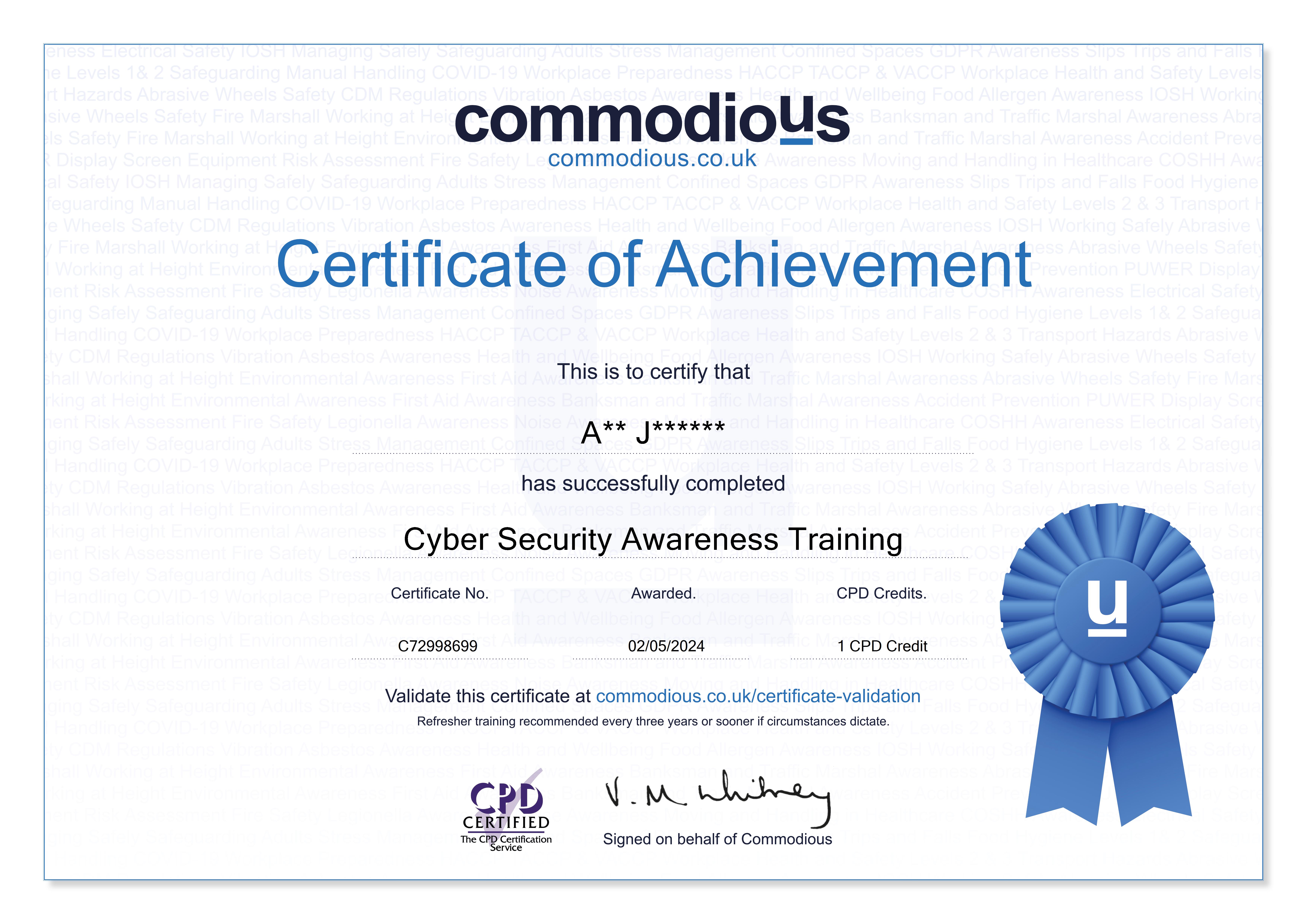 Commodious certificate C72998699