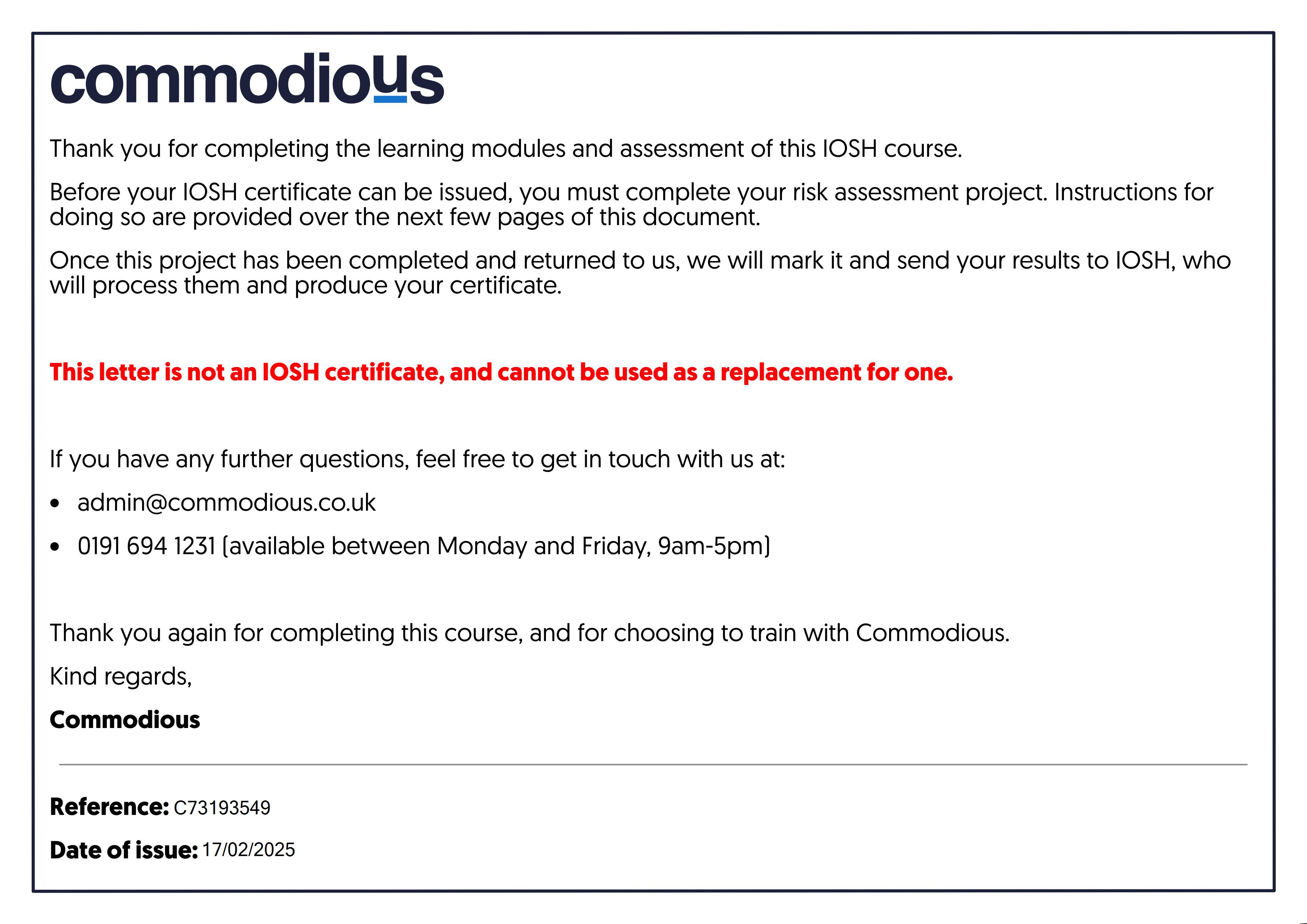 Commodious certificate C73193549