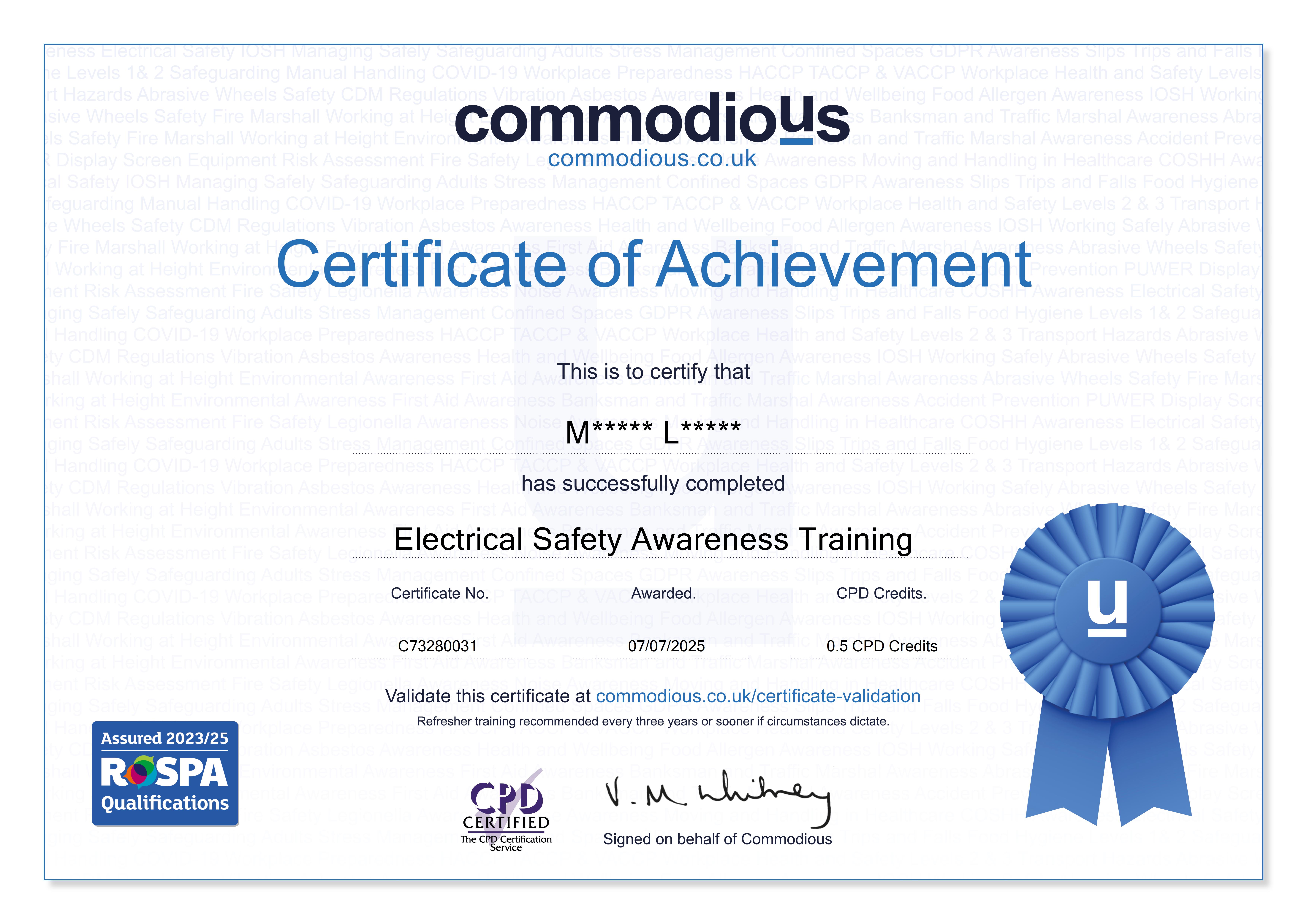Commodious certificate C73280031