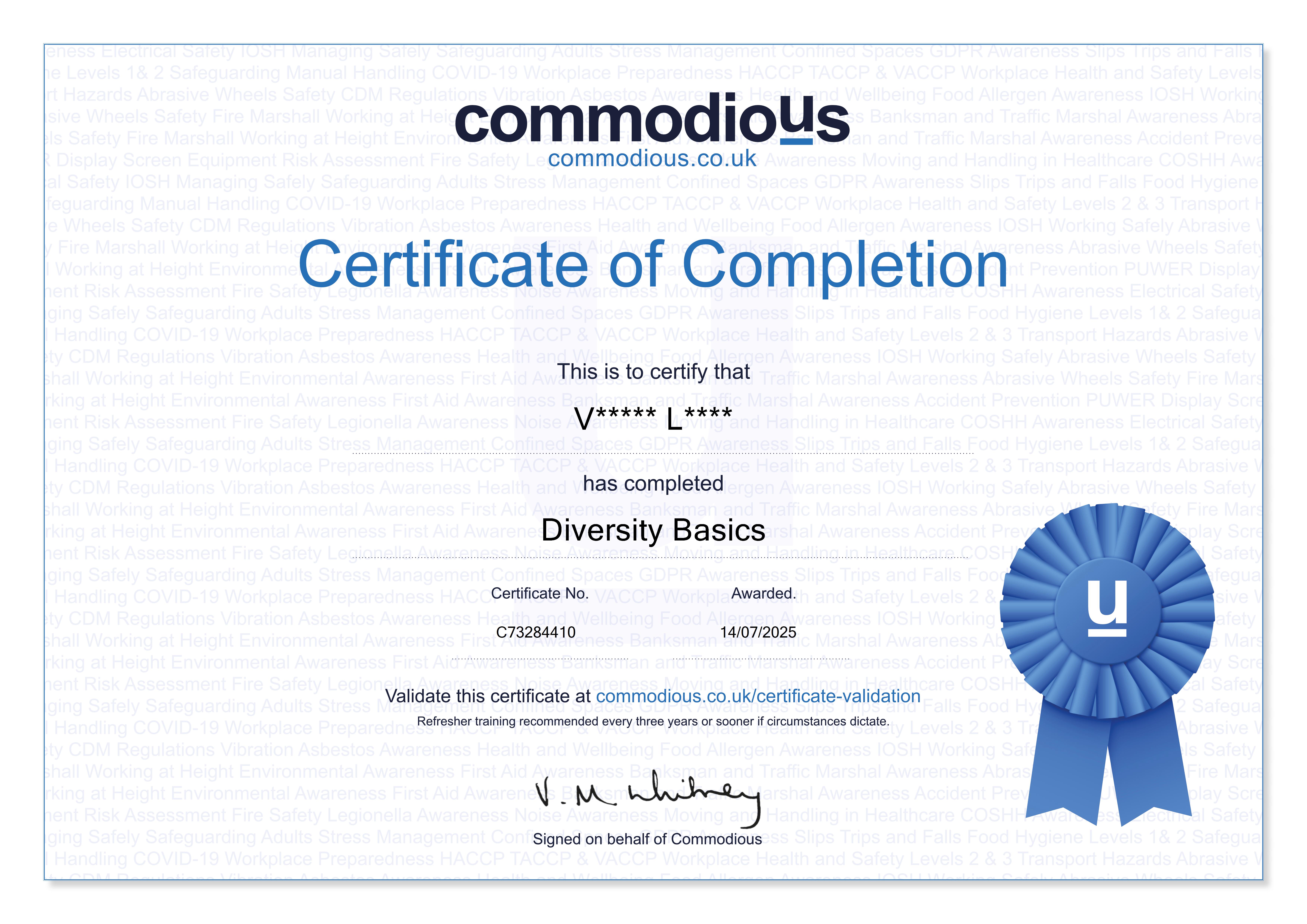 Commodious certificate C73284410