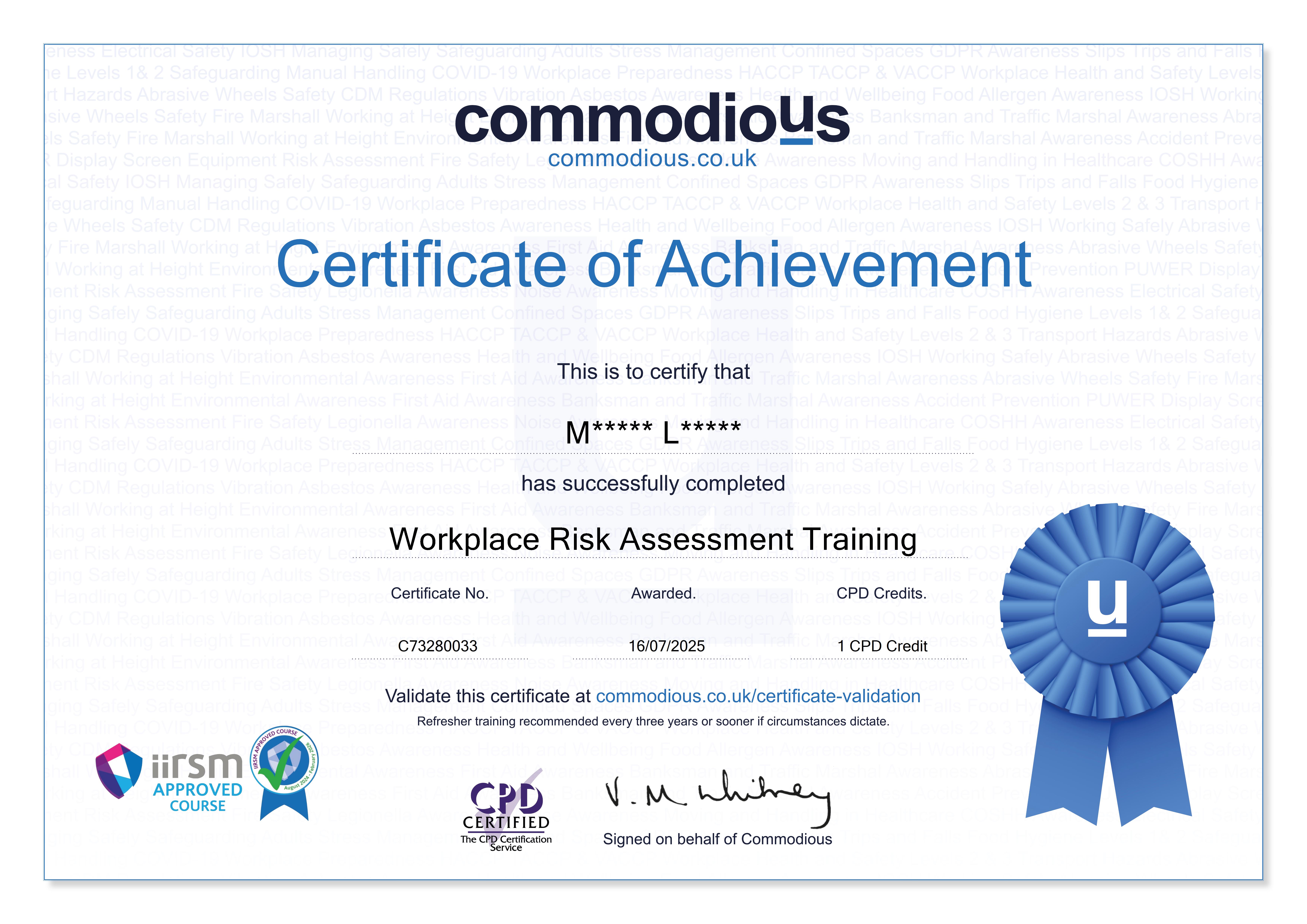 Commodious certificate C73280033