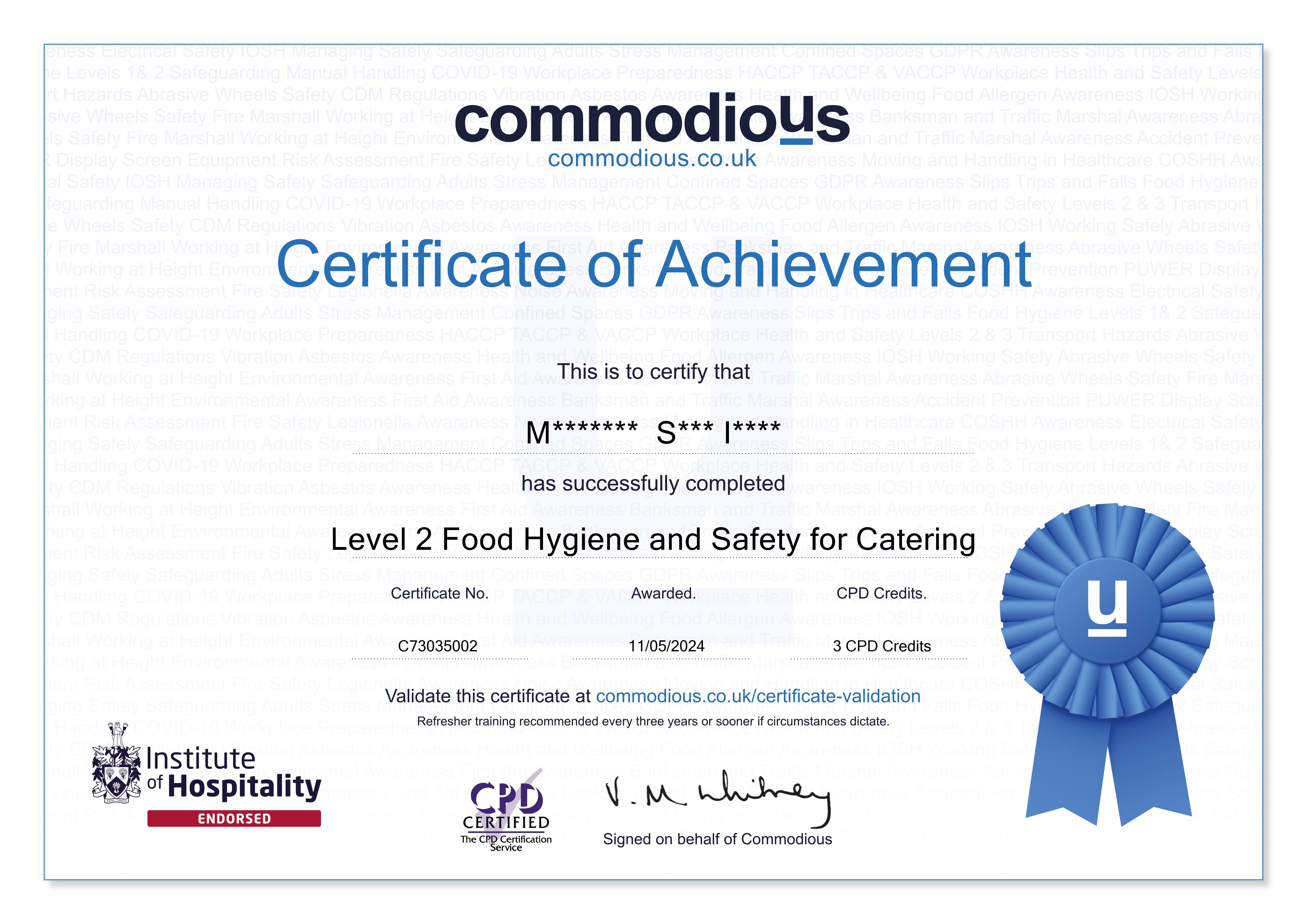 Commodious certificate C73035002