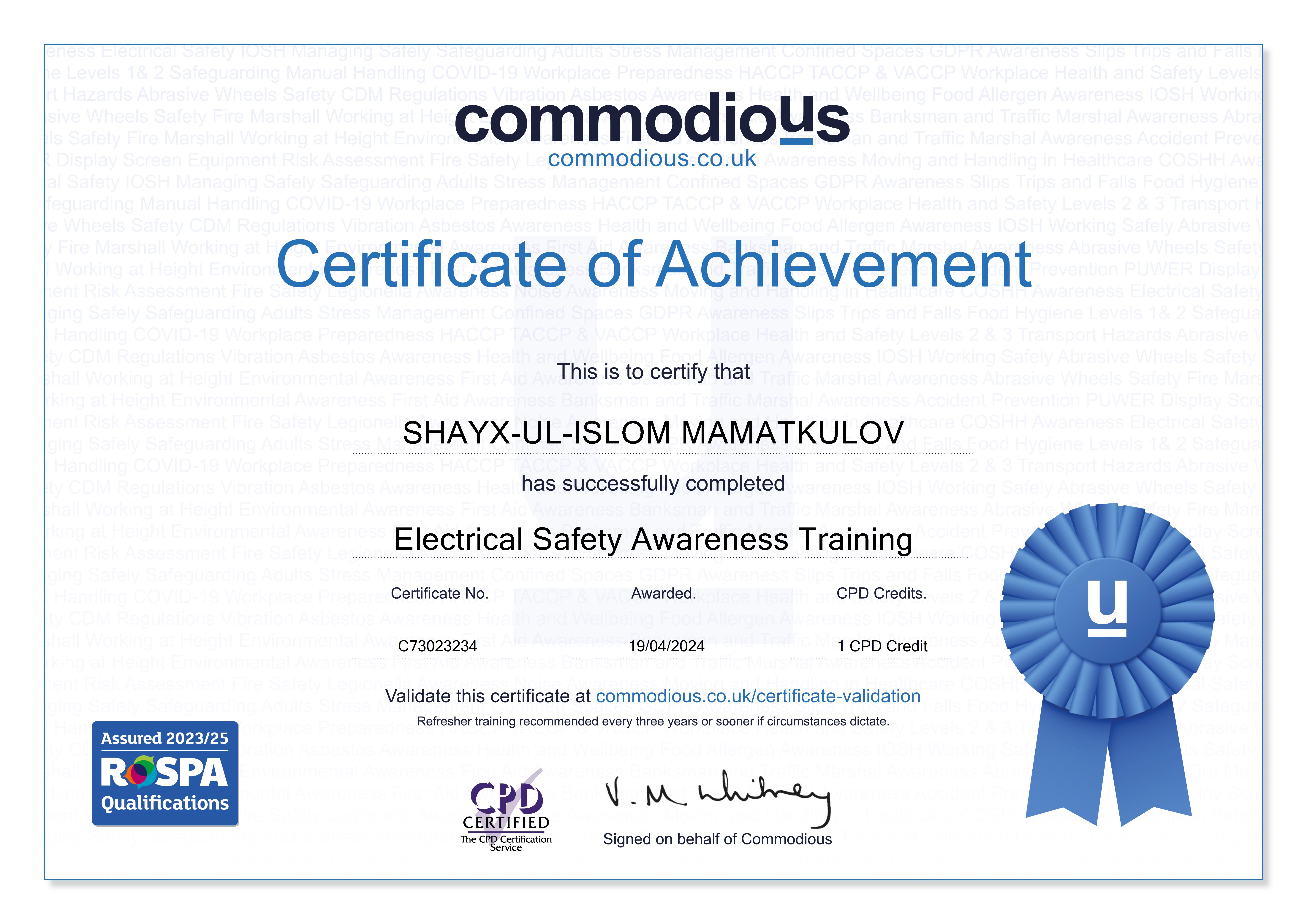 Commodious certificate C73023234