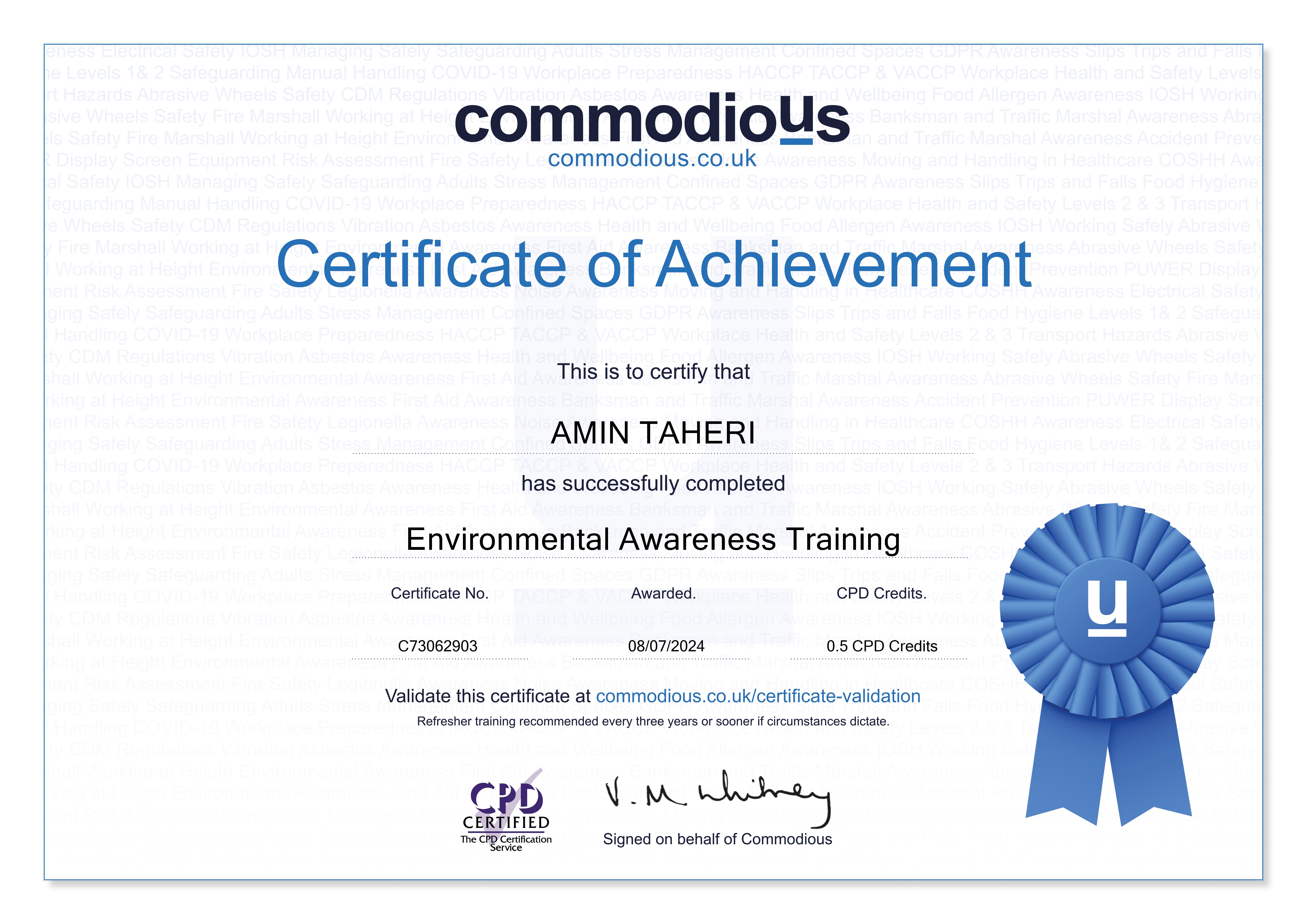 Commodious certificate C73062903