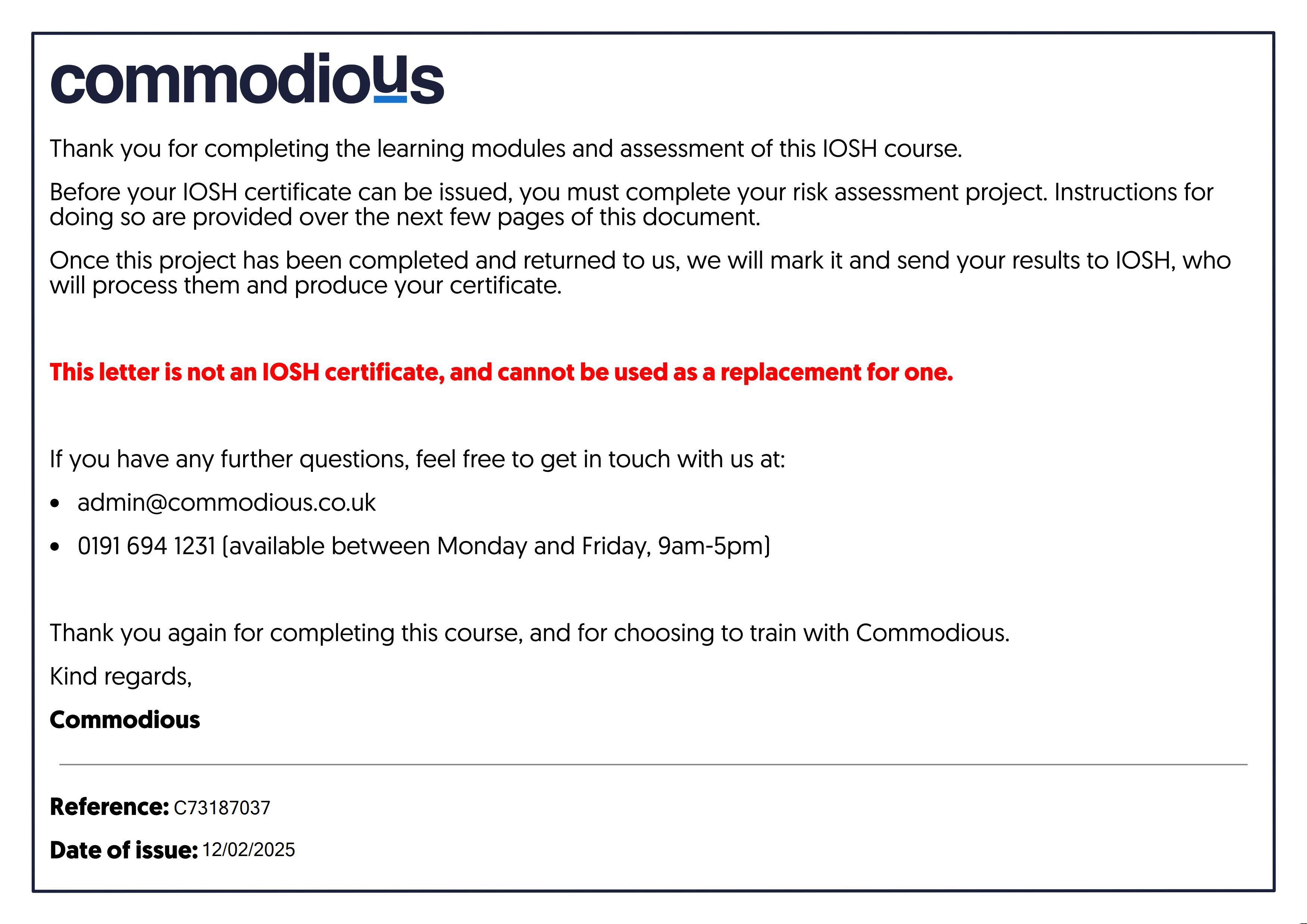 Commodious certificate C73187037