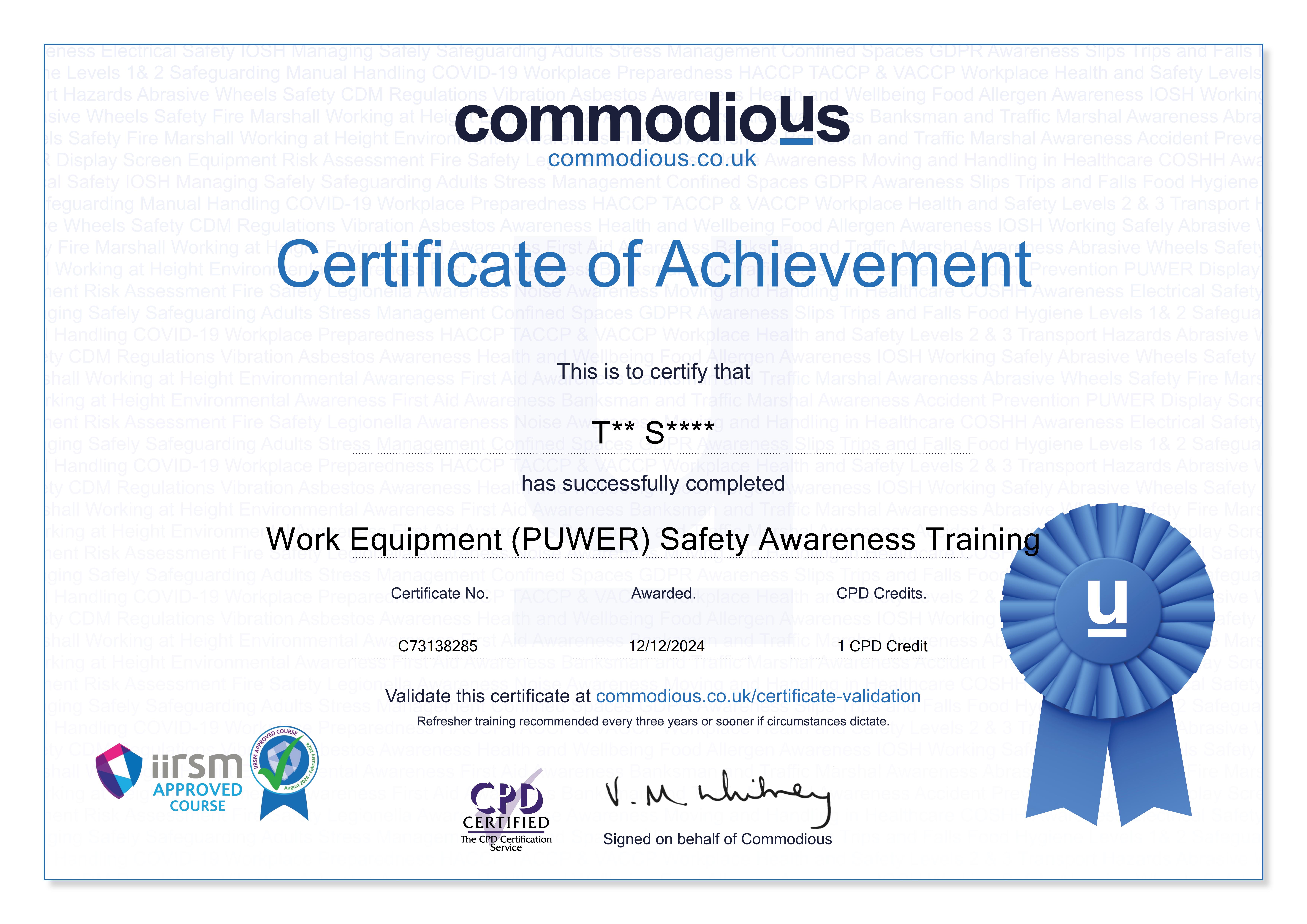 Commodious certificate C73138285