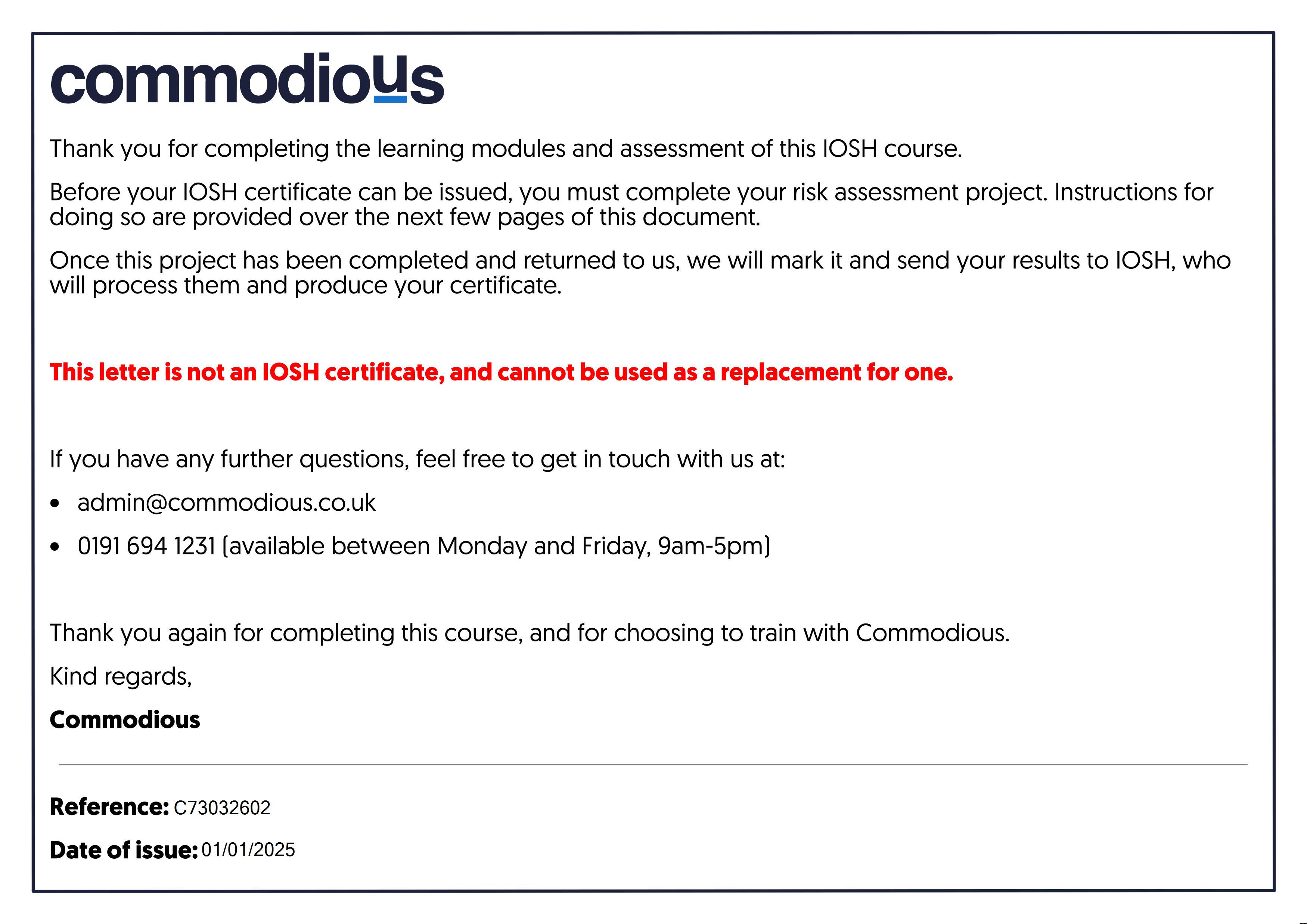 Commodious certificate C73032602