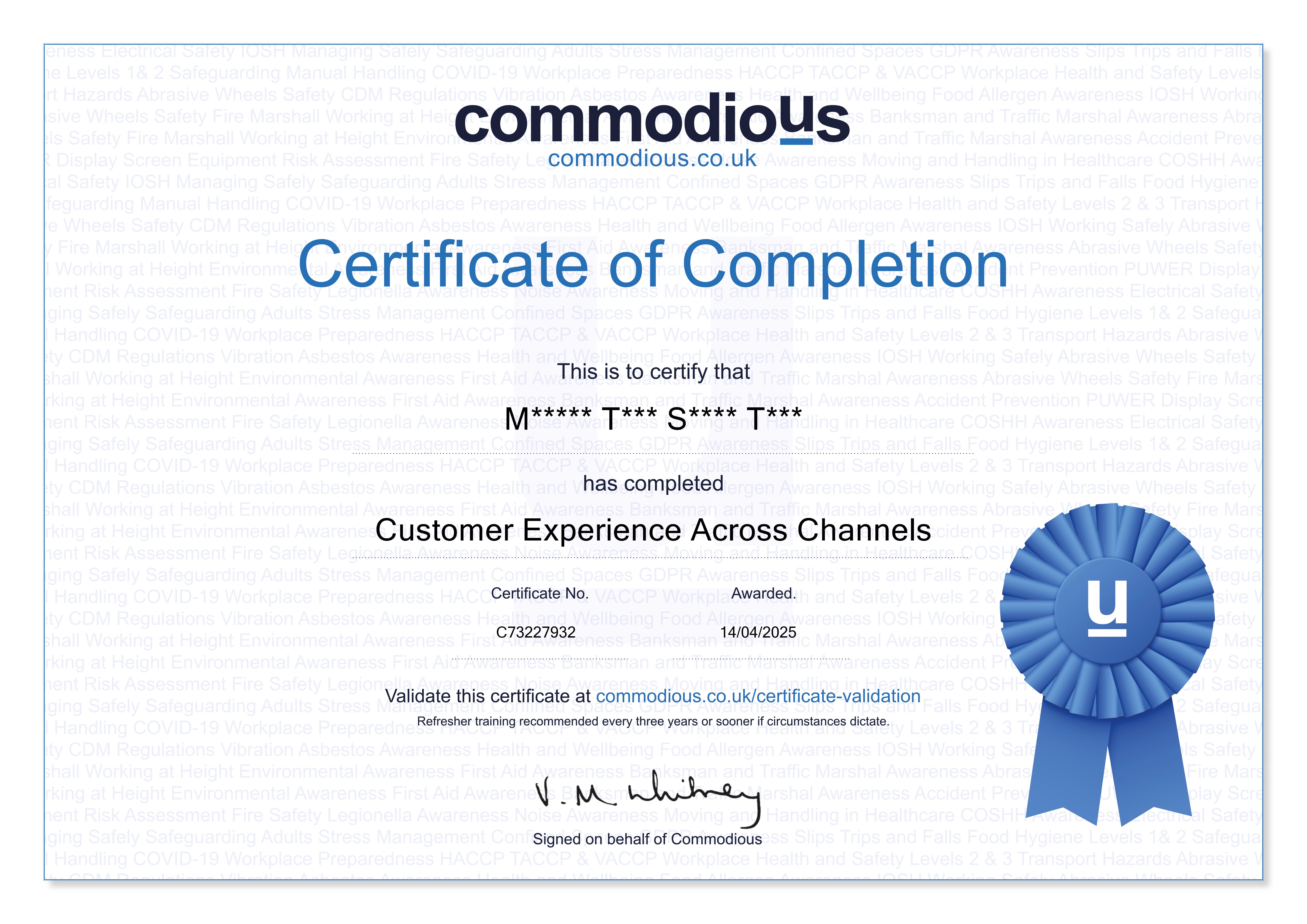 Commodious certificate C73227932